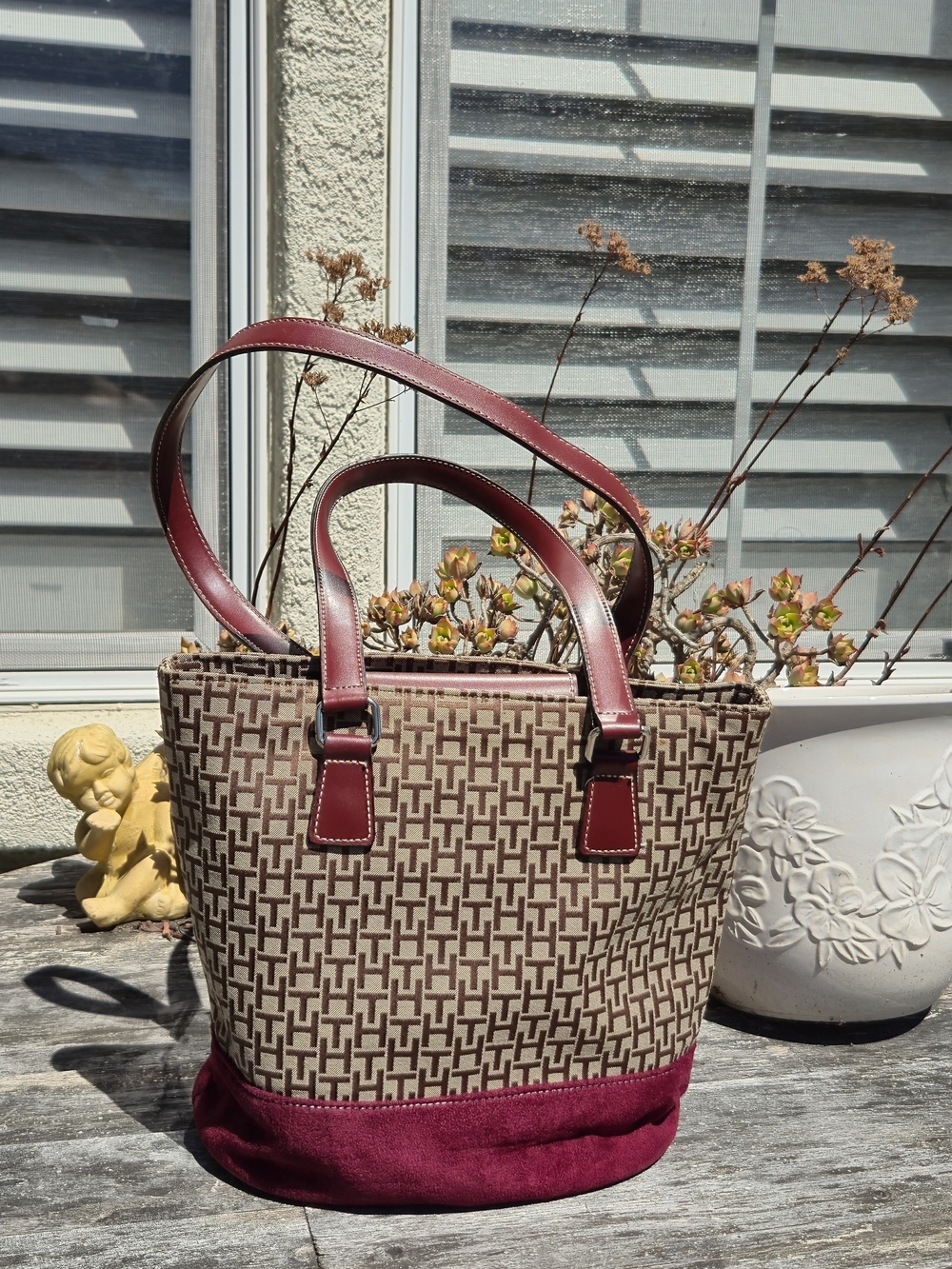 Monogram Canvas Tote with Burgundy Leather Trim